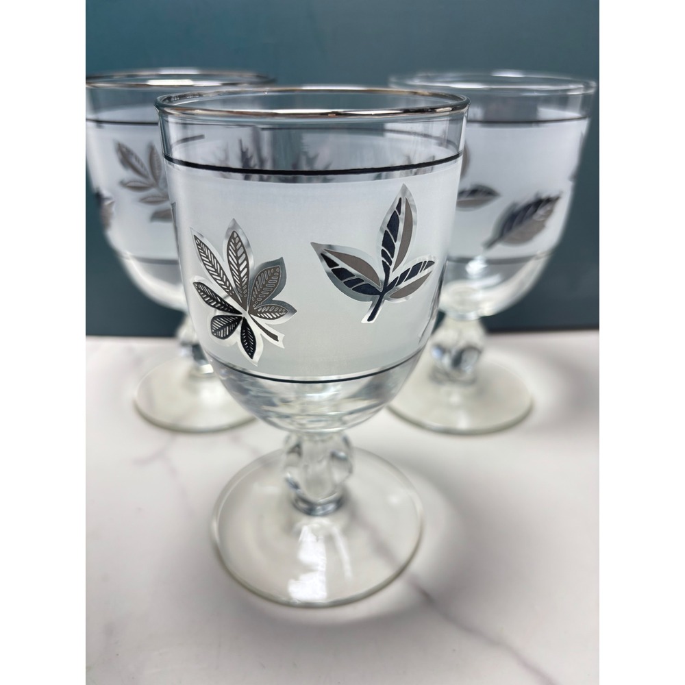 Vintage Libbey Silver Leaf Frosted Wine Water Goblets Set of 3 Mid Century Glass